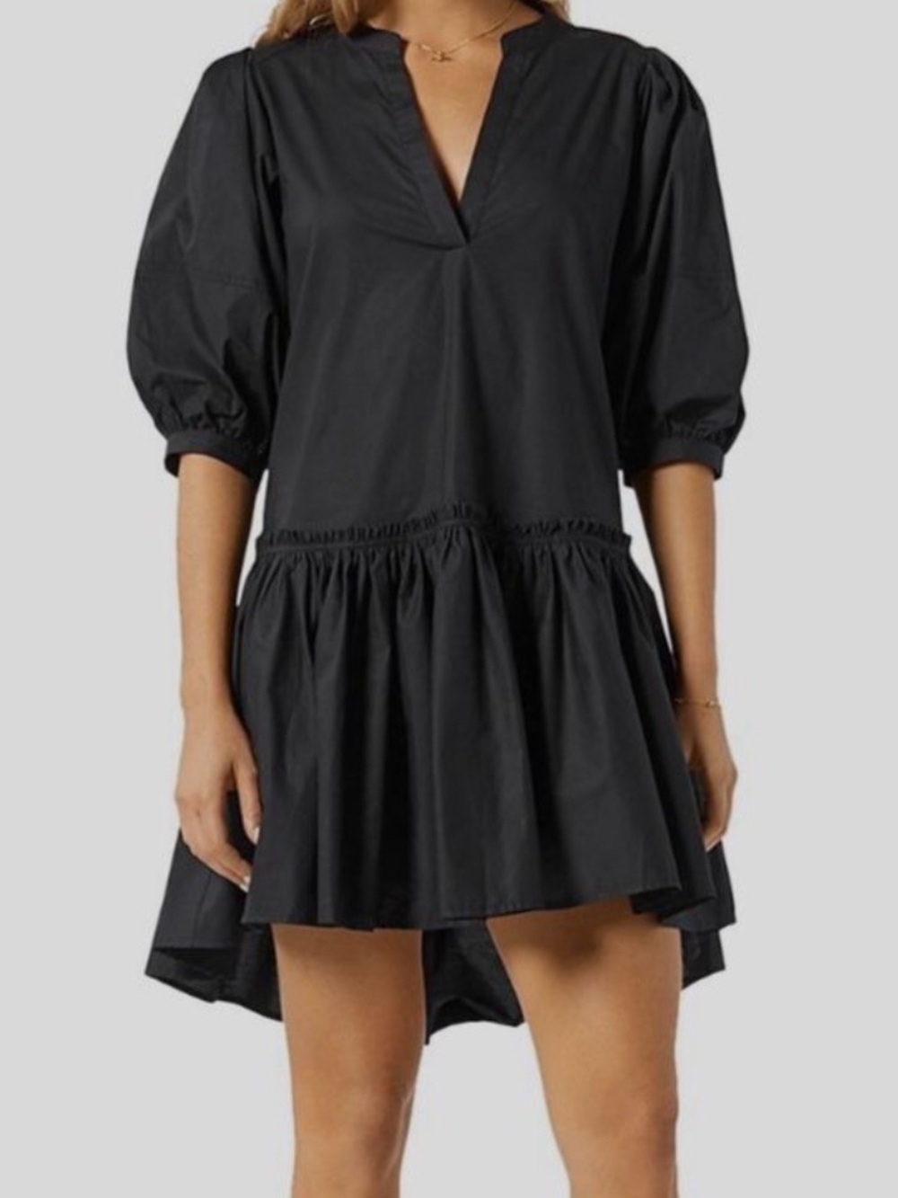 Joie Black High-Low V-Neck Tiered Puff Sleeve Dress